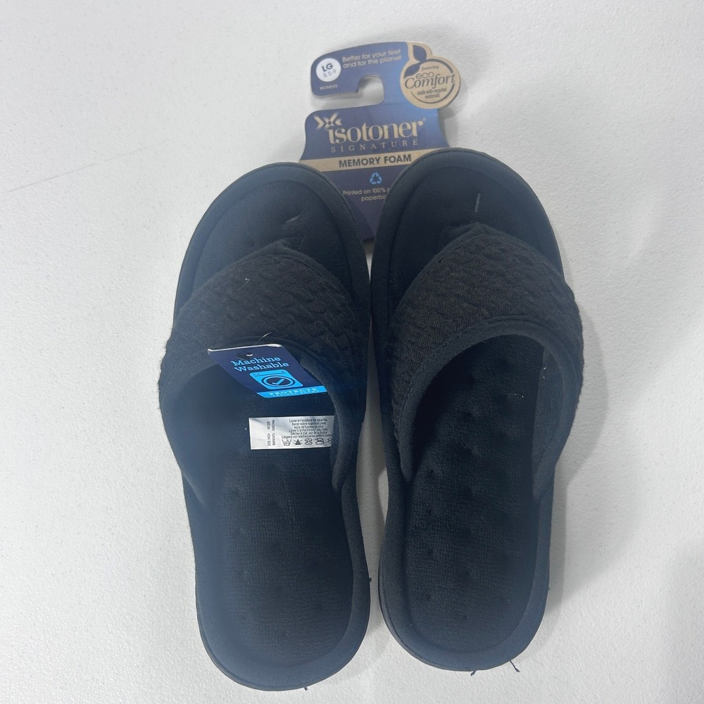 Isotoner Signature Womens Memory Foam Thong Slippers Black Comfort LG 8.5-9 NEW